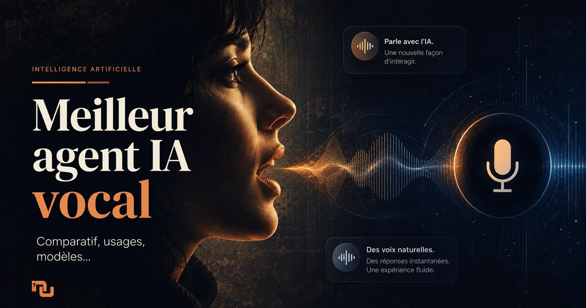 Illustration générée par IA représentant une femme parlant avec une onde sonore holographique, symbolisant un agent IA vocal et la technologie de reconnaissance et génération de voix en 2026