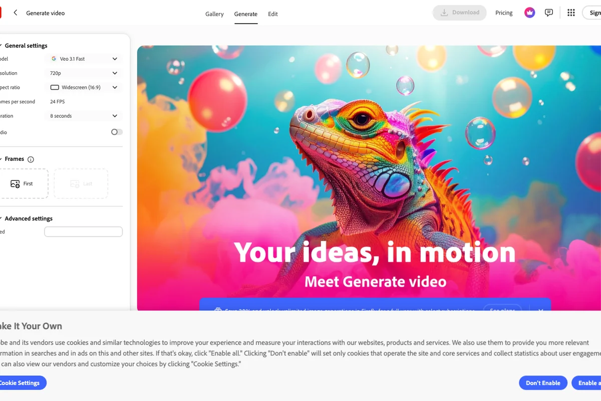 Interface de l'outil Adobe Firefly Video - Avis et Test