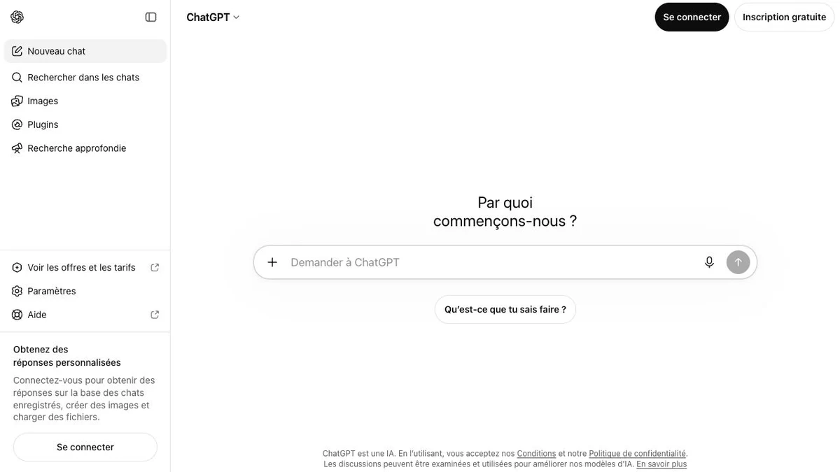 Accueil public de ChatGPT en français avec le champ de discussion et les outils de navigation