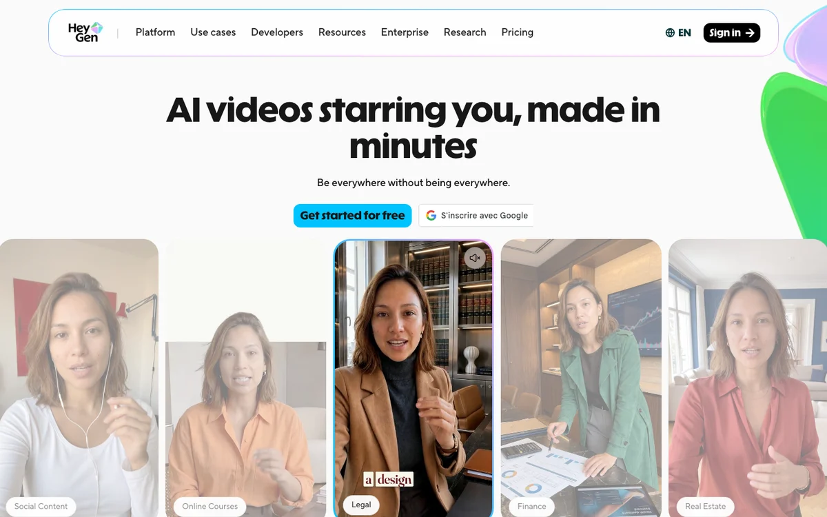 Présentation officielle HeyGen montrant plusieurs usages de présentateurs vidéo