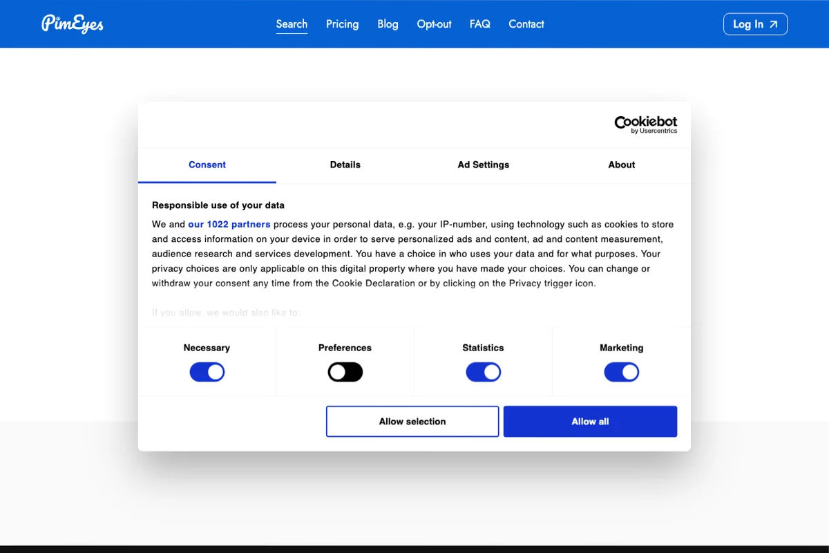 Interface de l'outil PimEyes - Avis et Test
