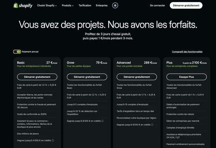 Page officielle Shopify France présentant les forfaits e-commerce